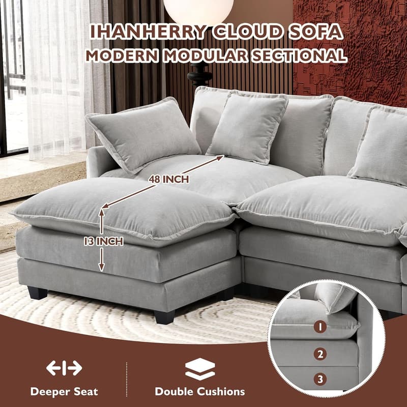 Light Grey 4-Seat Linen Sectional Sofa with USB Charging