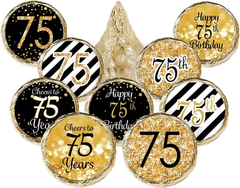 75th Birthday Party Favor Stickers - Black & Gold, 180 Labels