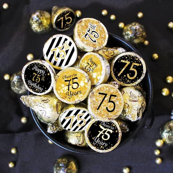 75th Birthday Party Favor Stickers - Black & Gold, 180 Labels
