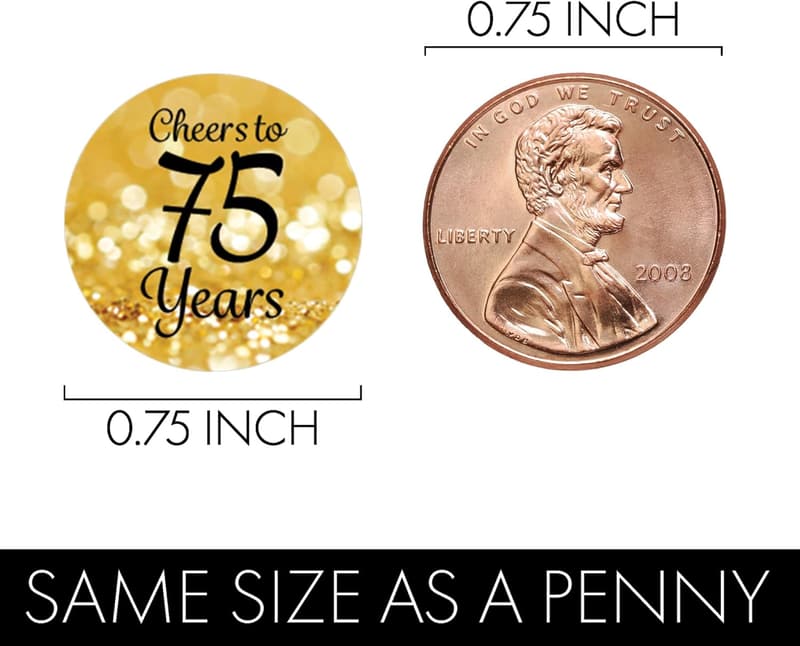 75th Birthday Party Favor Stickers - Black & Gold, 180 Labels