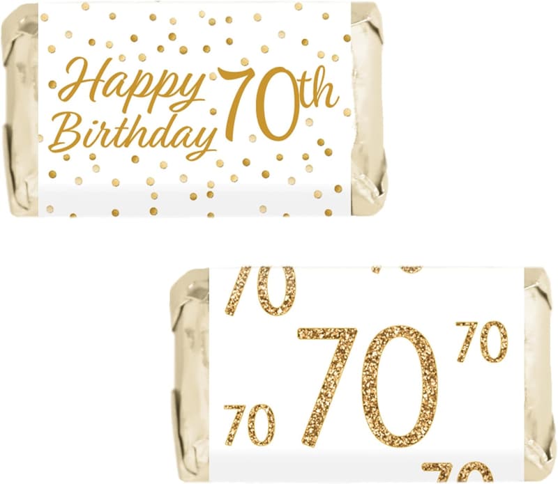 70th Birthday Mini Candy Bar Wrappers - 45 White & Gold Stickers