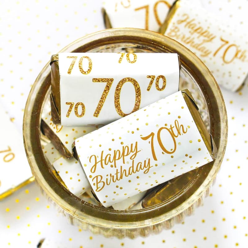 70th Birthday Mini Candy Bar Wrappers - 45 White & Gold Stickers
