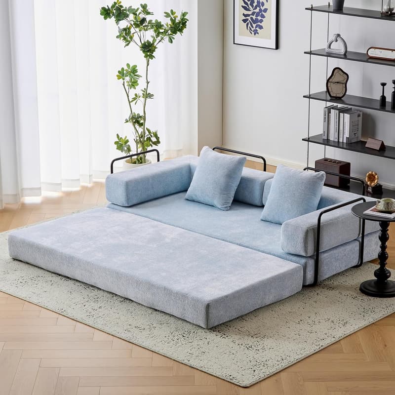 Modern 4-Seater L-Shaped Sofa Set with Ottoman & Pillows in Light Gray