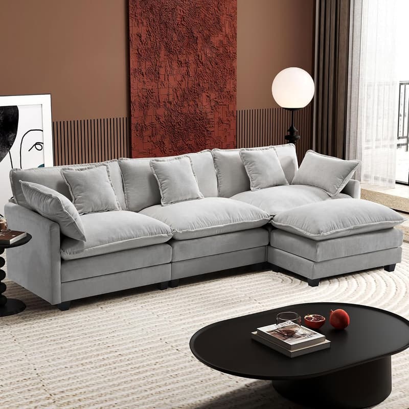 Light Grey 4-Seat Linen Sectional Sofa with USB Charging