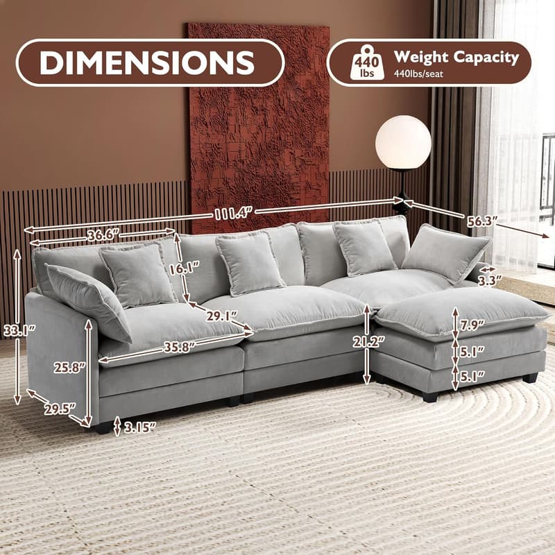 Light Grey 4-Seat Linen Sectional Sofa with USB Charging
