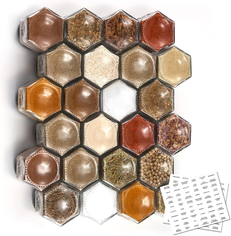 Magnetic Hexagon Glass Spice Jars Set with Labels - 24 Count