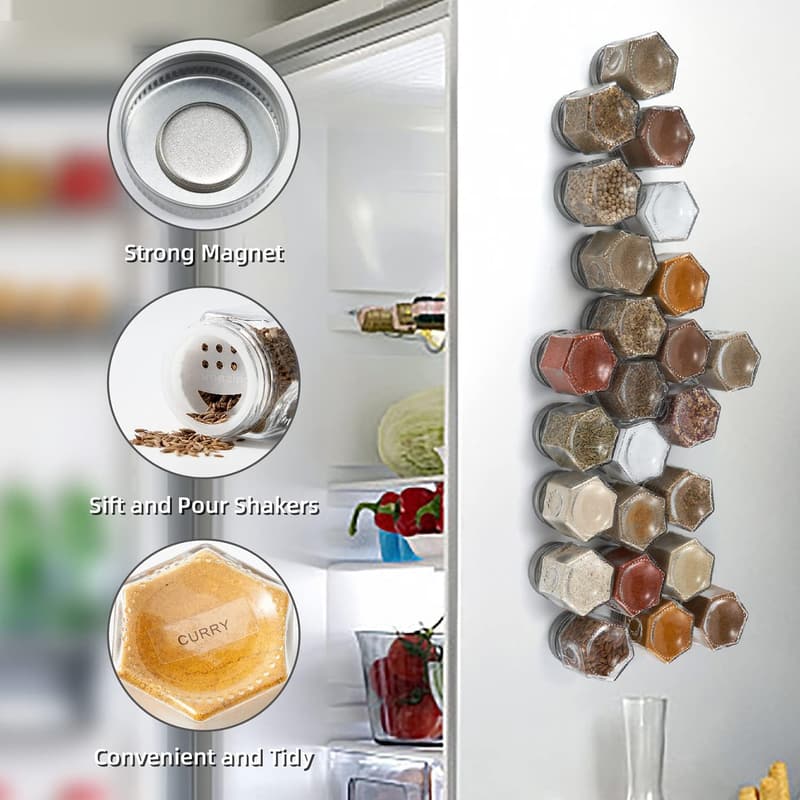Magnetic Hexagon Glass Spice Jars Set with Labels - 24 Count