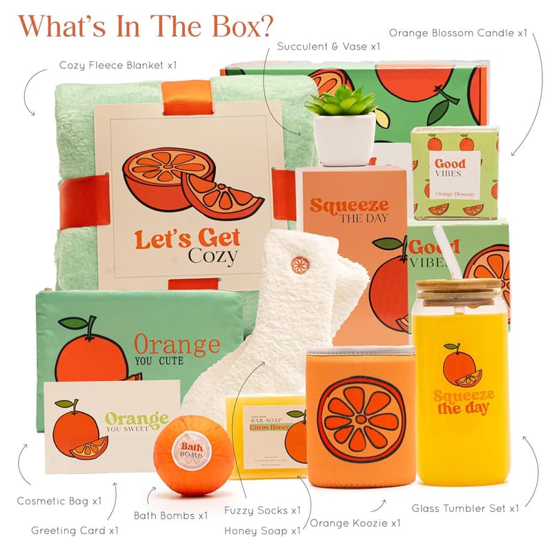 Thoughtful Self-Care Kit for Women - Orange Birthday Basket