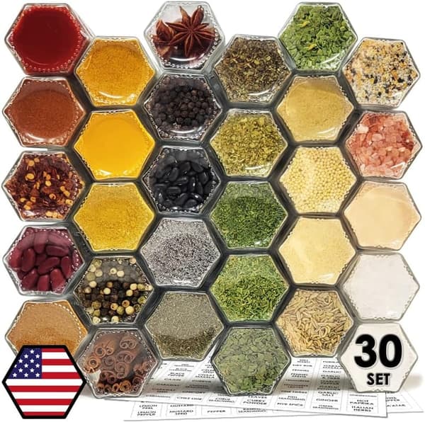 30 Magnetic Hexagon Spice Jars with Labels for Kitchen Storage