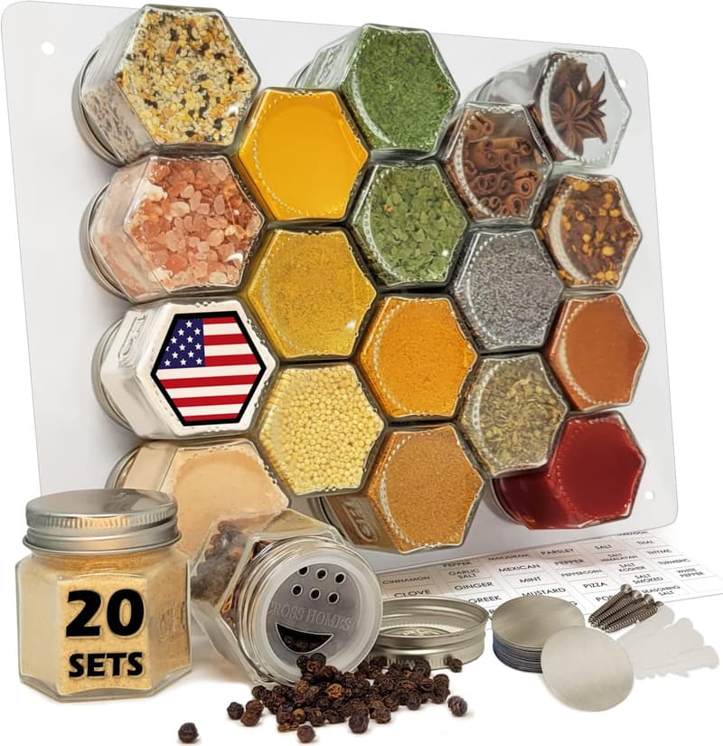 Magnetic Hexagon Glass Spice Jars Set for Refrigerator - 20 Pieces