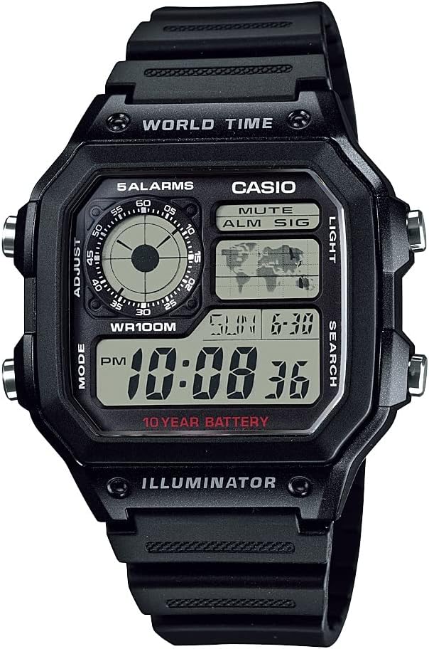 Men's Digital Watch with World Map & 10-Year Battery