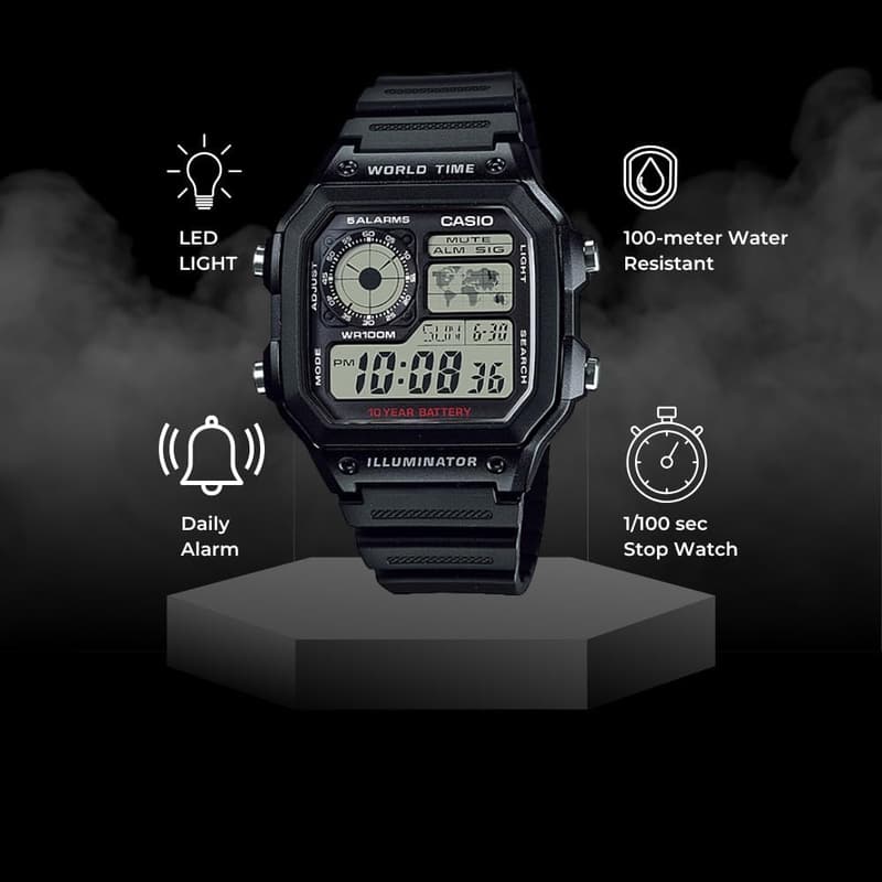 Men's Digital Watch with World Map & 10-Year Battery