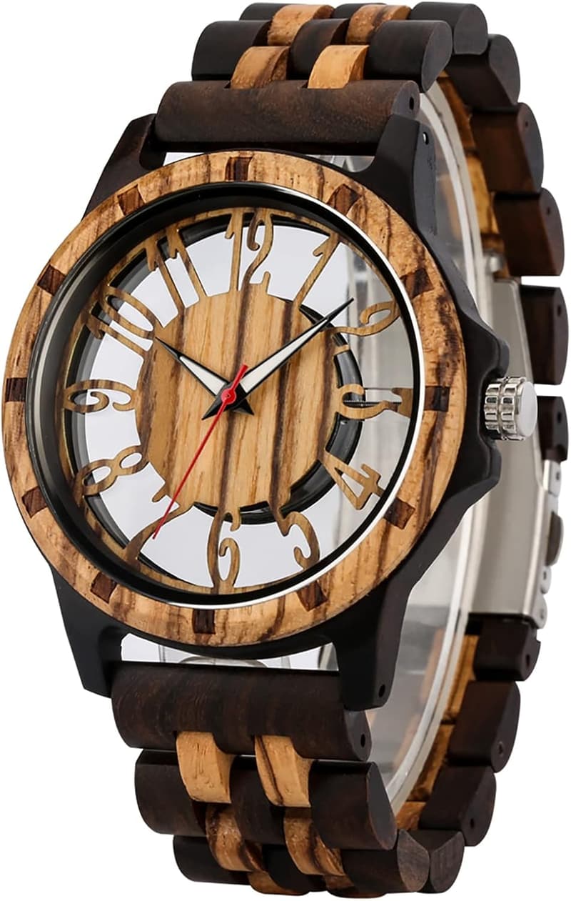 Zebra Wood Quartz Watch for Men with Foldover Clasp