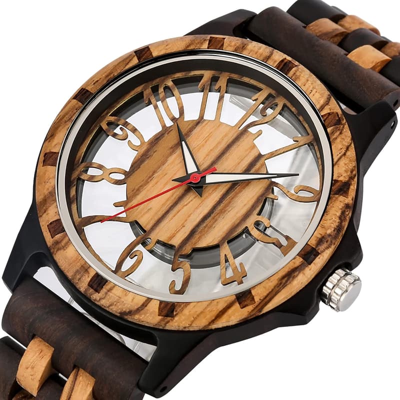 Zebra Wood Quartz Watch for Men with Foldover Clasp