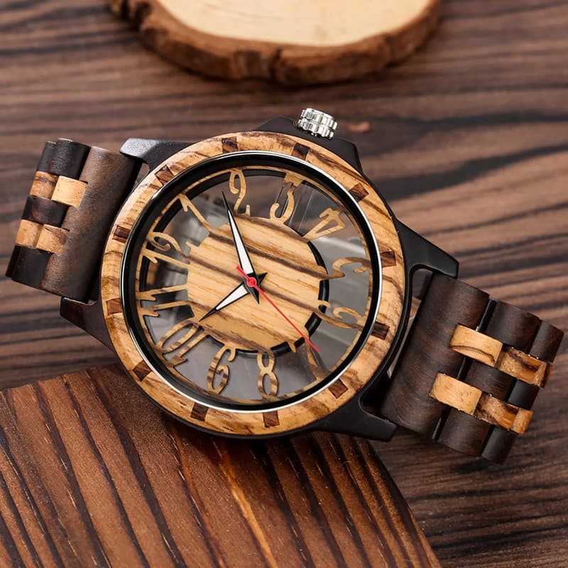 Zebra Wood Quartz Watch for Men with Foldover Clasp