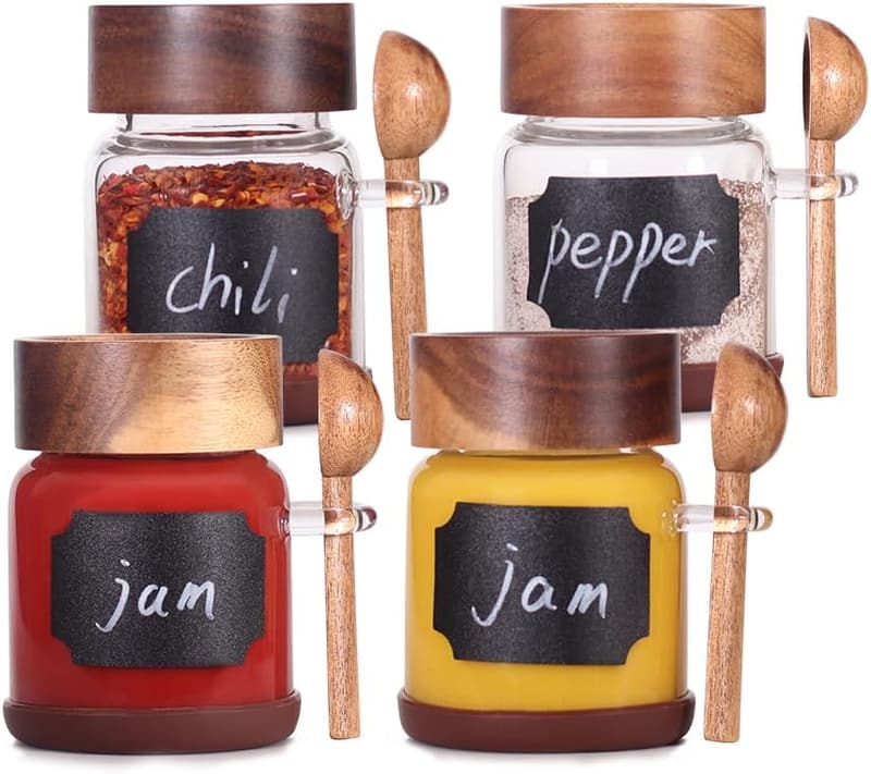 Airtight Acacia Glass Spice Jars with Labels & Spoons - 4 Pack