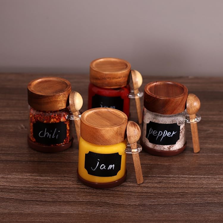 Airtight Acacia Glass Spice Jars with Labels & Spoons - 4 Pack