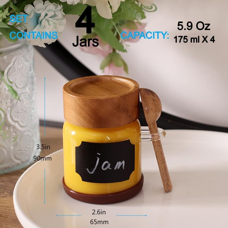 Airtight Acacia Glass Spice Jars with Labels & Spoons - 4 Pack
