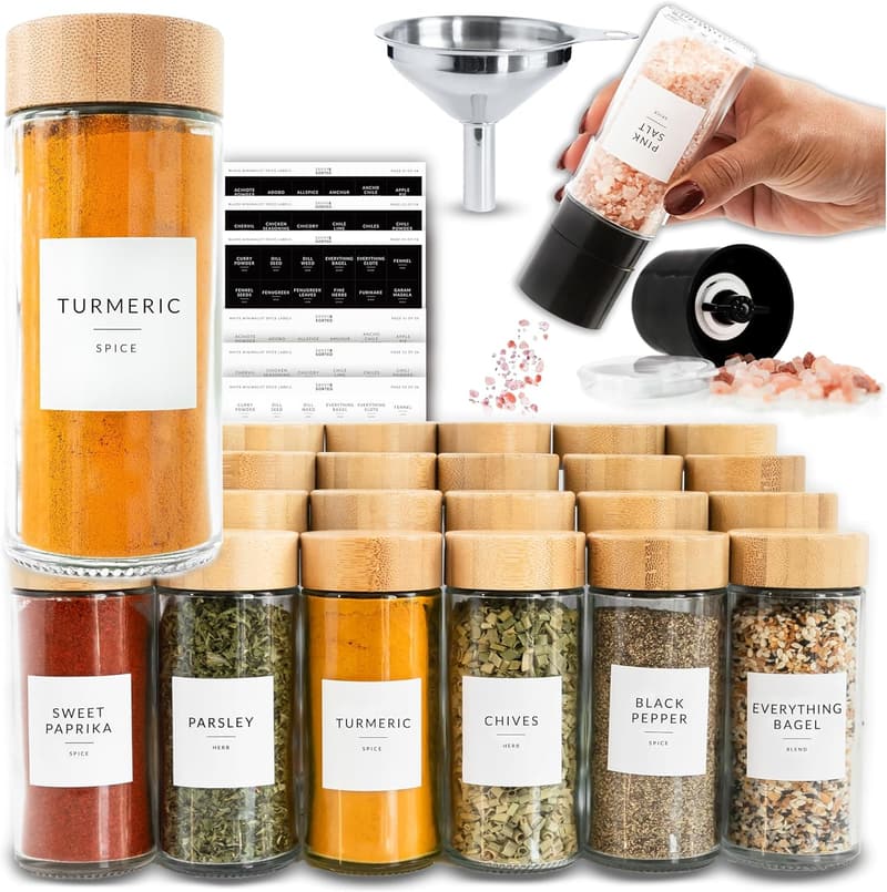 24-Pack Glass Spice Jars Set with Bamboo Lids and Labels