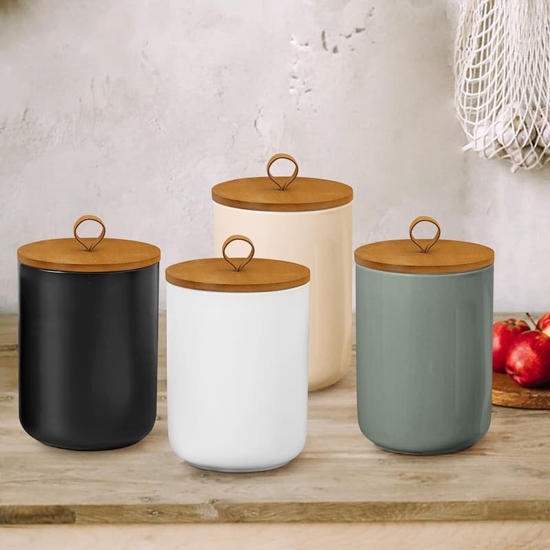 Modern Black Ceramic Airtight Storage Canister with Wood Lid