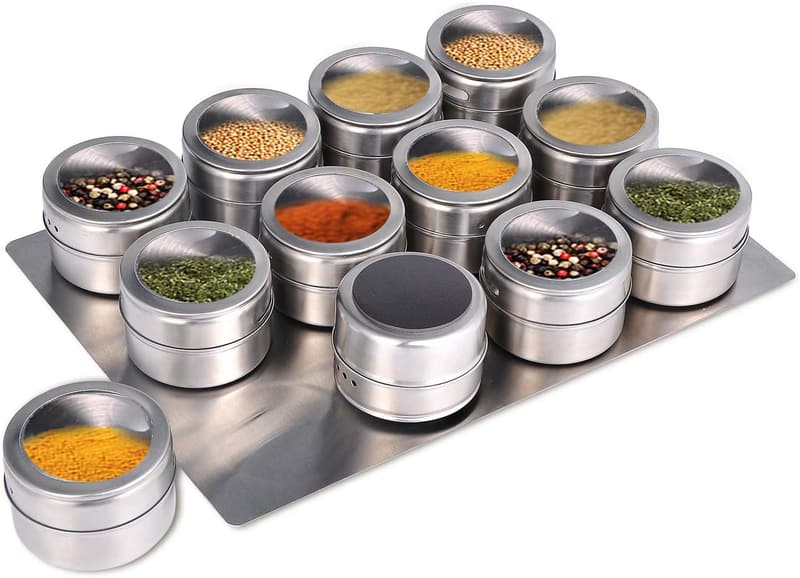 Magnetic Spice Jars Set - 12 Stainless Steel Tins with Labels