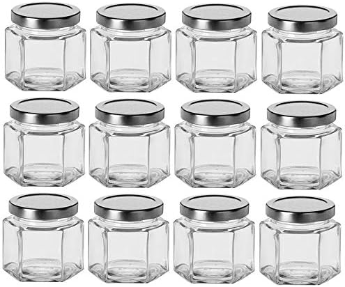 Hexagon Glass Jars with Silver Lids - Set of 12 (4 oz)