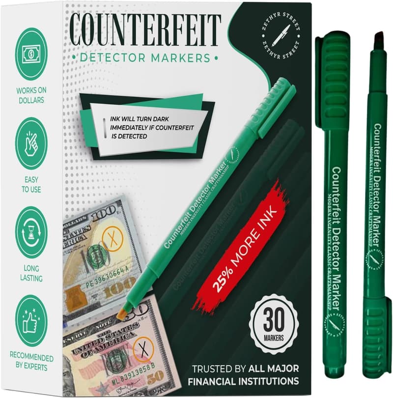 Counterfeit Money Detector Pen - 30 Pack with Extra Ink