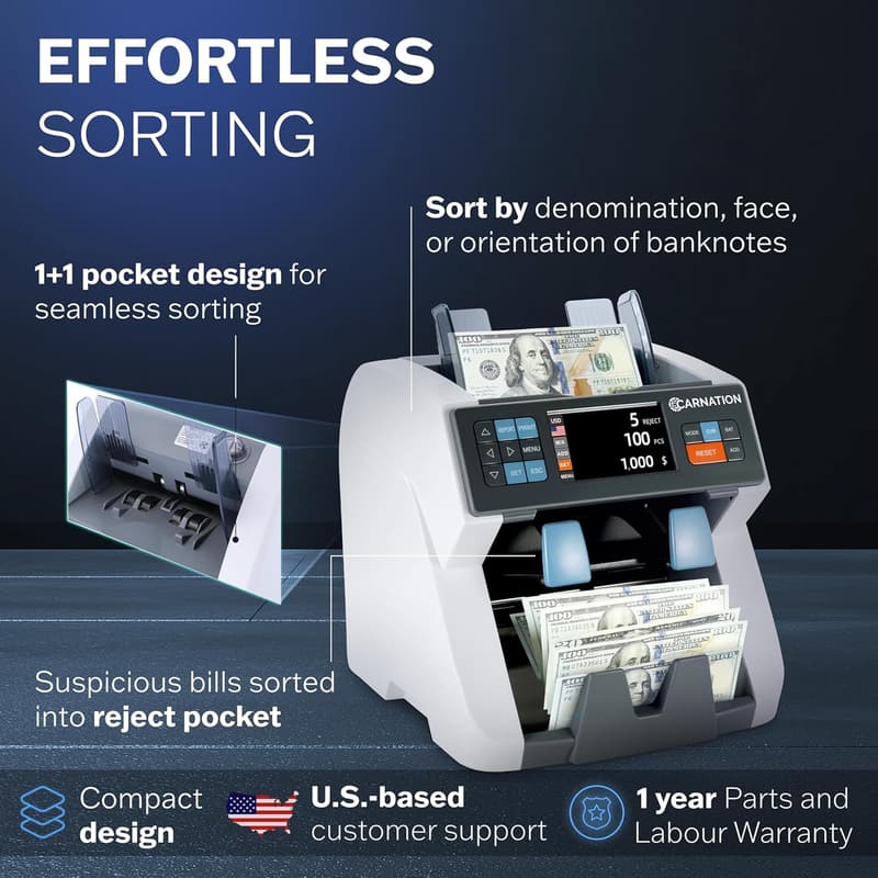 Carnation CR8 Money Sorter & Printer with Multi-Currency Support