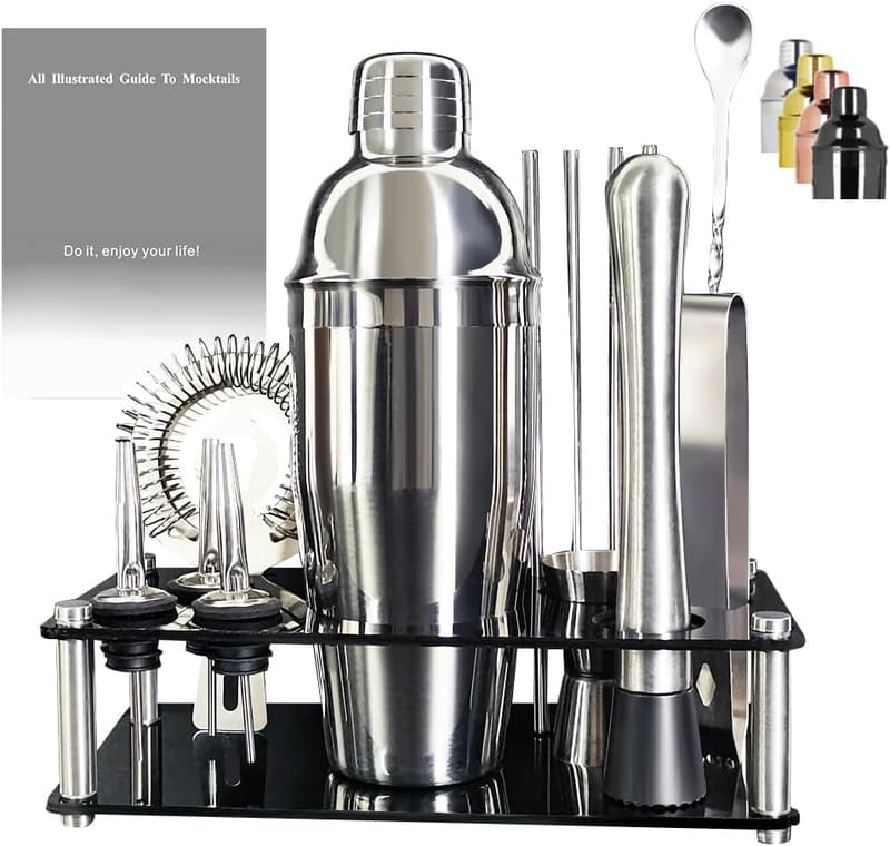 13-Piece Stainless Steel Bartender Kit with Black Stand