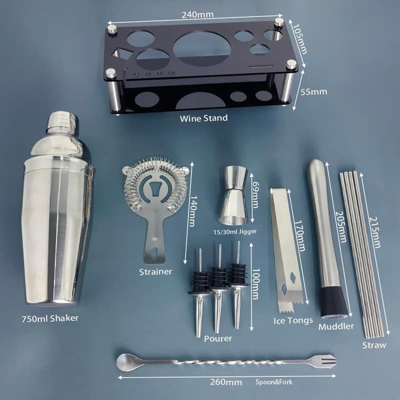 13-Piece Stainless Steel Bartender Kit with Black Stand