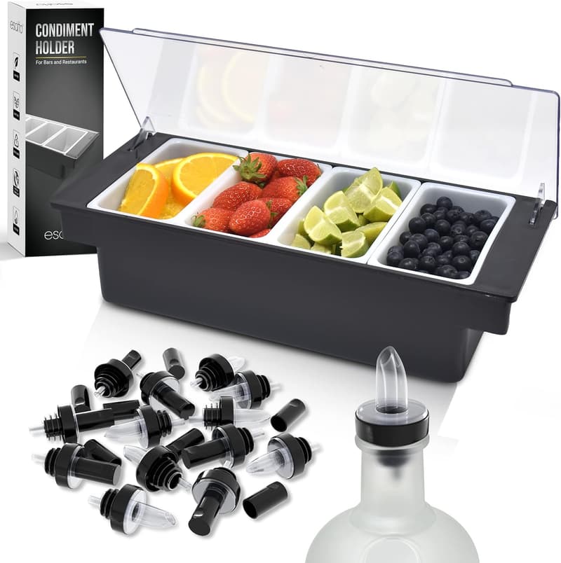 Condiment Holder Serving Tray with Lid and Pourers - Black