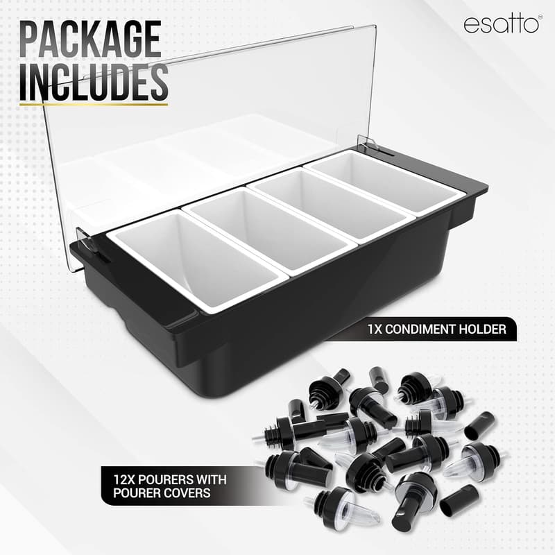 Condiment Holder Serving Tray with Lid and Pourers - Black