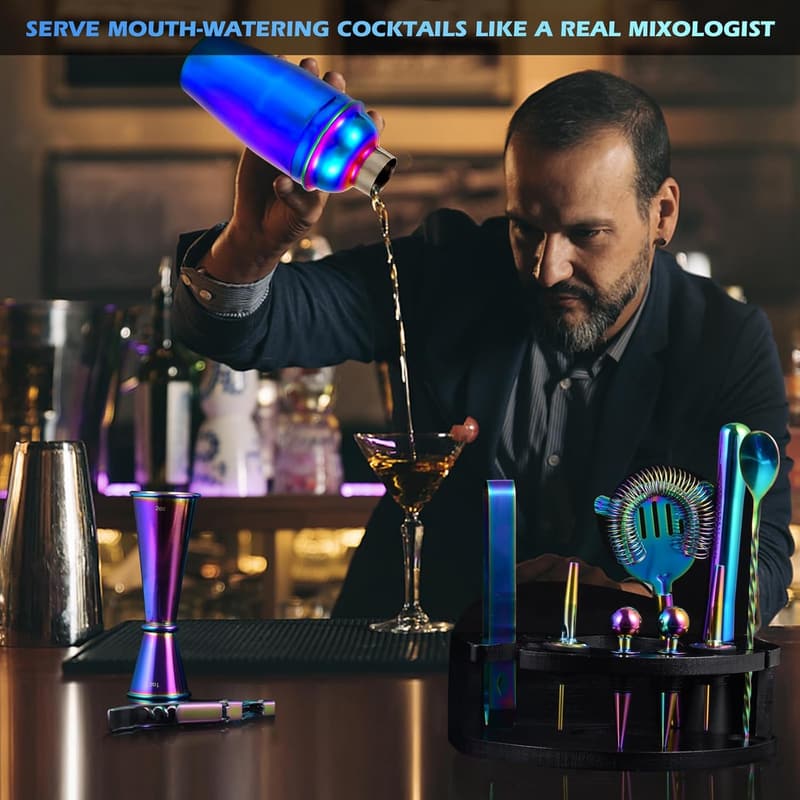 Rainbow 12-Piece Bartender Kit with Stand & Recipes
