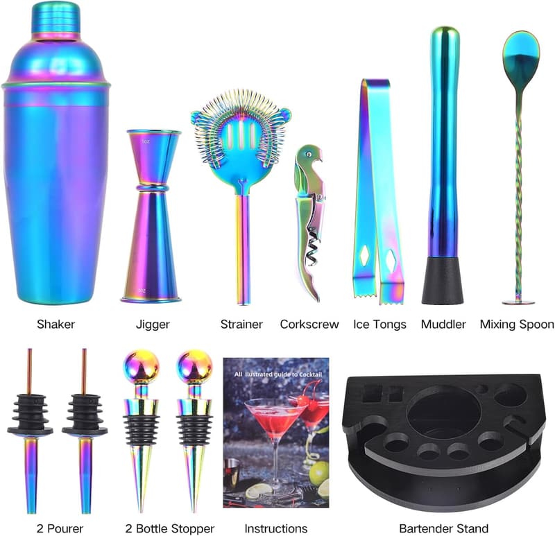 Rainbow 12-Piece Bartender Kit with Stand & Recipes
