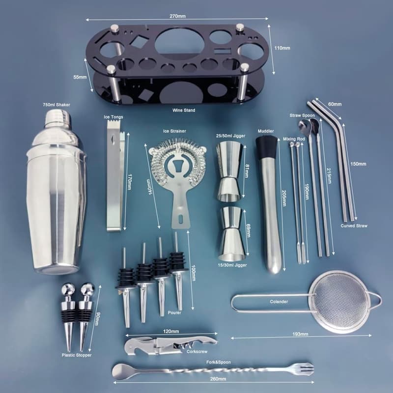 21-Piece Stainless Steel Cocktail Shaker Set with Recipes