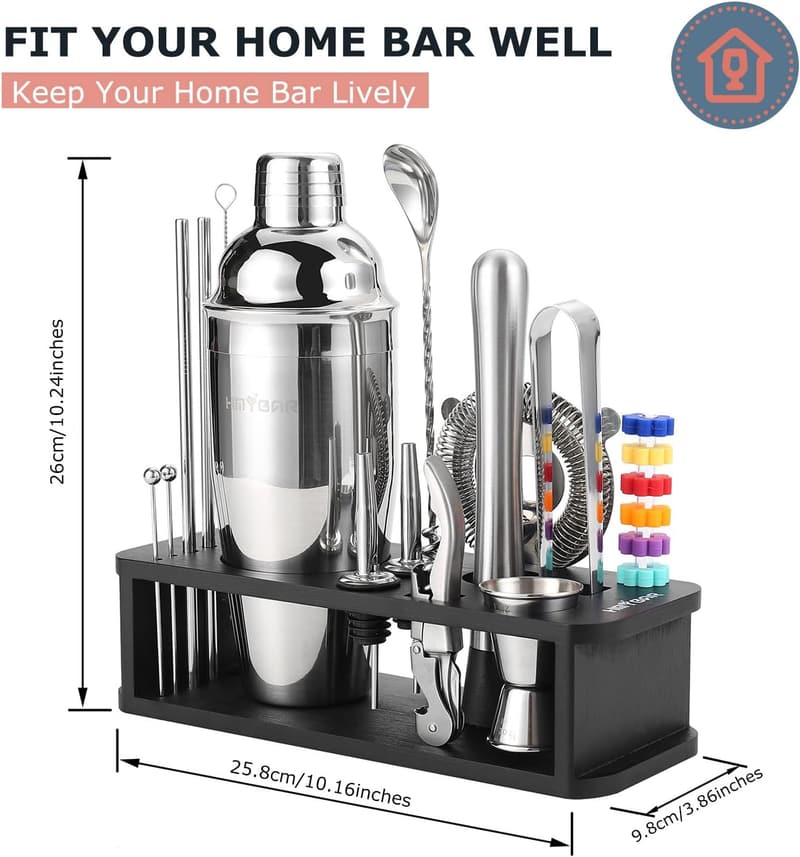 Cocktail Shaker Set with 39 Recipes & Bamboo Stand
