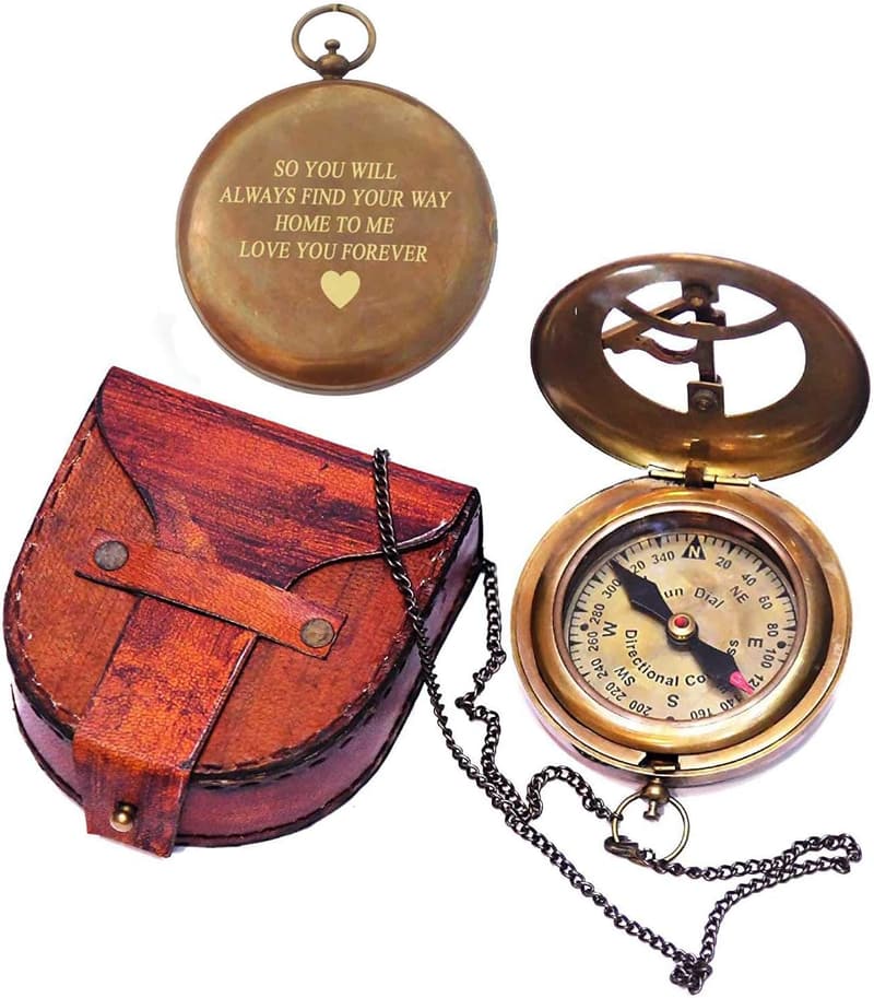 Travelers Engraved Sundial Compass with Leather Case