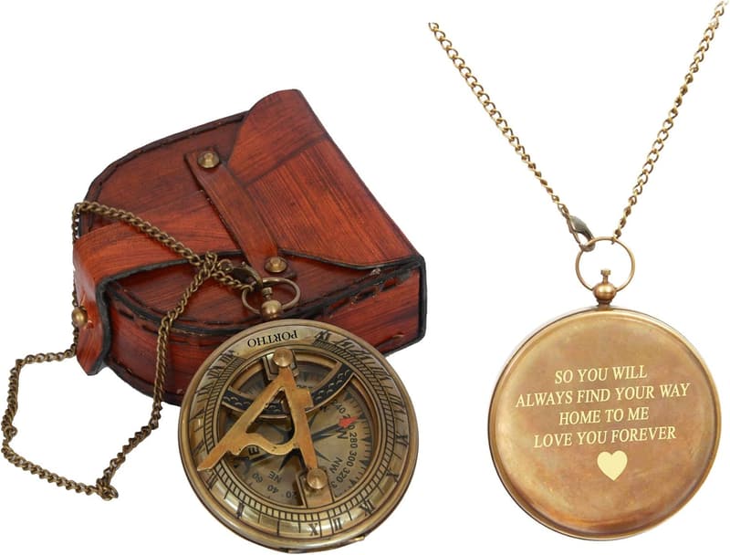 Travelers Engraved Sundial Compass with Leather Case