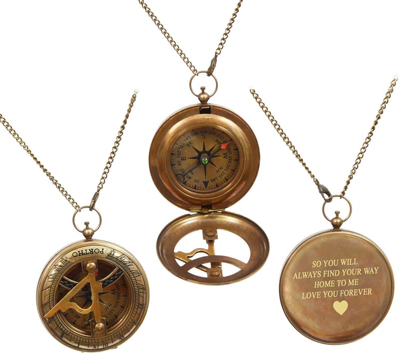 Travelers Engraved Sundial Compass with Leather Case