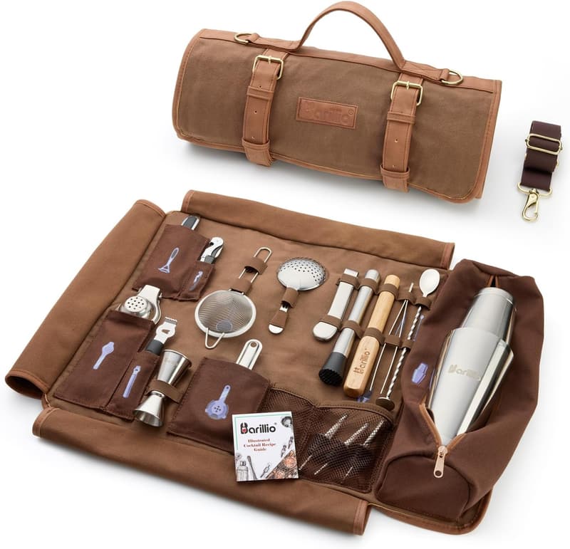Professional 17-Piece Travel Bartender Kit with Waxed Canvas Bag