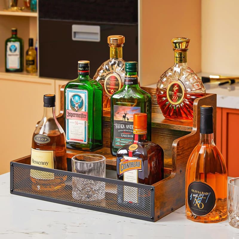 Freestanding 3-Tier Wood Liquor Bottle Display Shelf