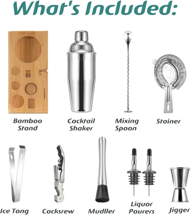 10-Piece Mixology Cocktail Shaker Set with Bamboo Stand