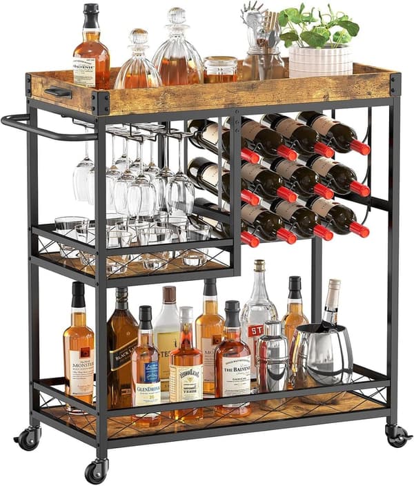 Rustic 3-Tier Serving Cart with Wine Rack for Home Bar