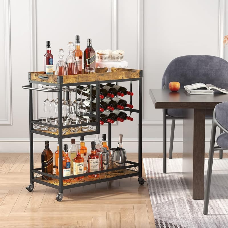 Rustic 3-Tier Serving Cart with Wine Rack for Home Bar