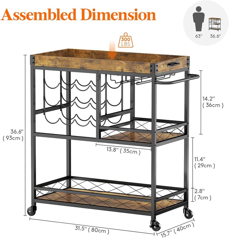 Rustic 3-Tier Serving Cart with Wine Rack for Home Bar