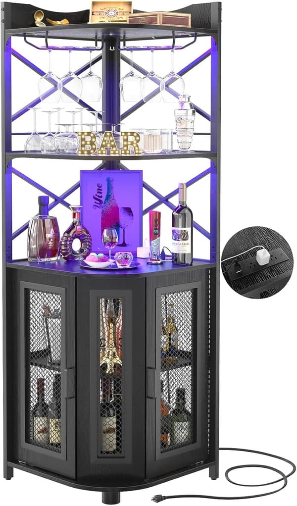 Industrial Corner Bar Cabinet with Power Outlet & LED Strip