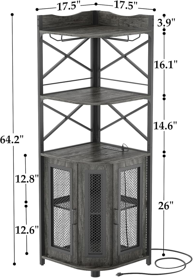 Industrial Corner Bar Cabinet with Power Outlet & LED Strip