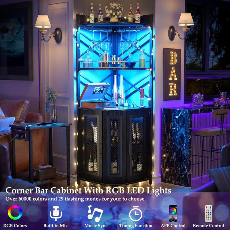 Industrial Corner Bar Cabinet with Power Outlet & LED Strip