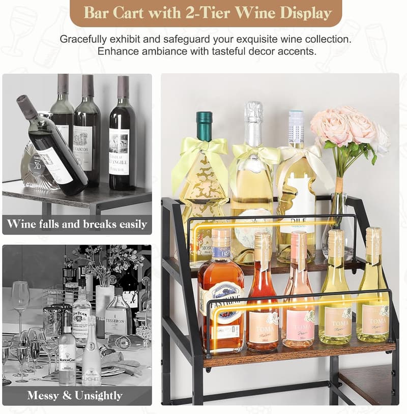 Mini Bar Cart with Wine Glass Holder for Home Entertaining
