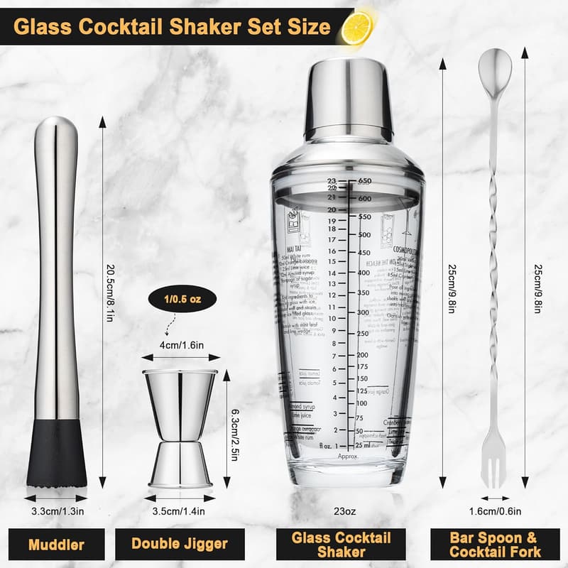 Cocktail Shaker Set - 23oz Glass with Strainer & Accessories